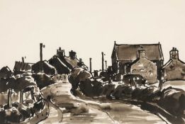 ‡ SIR KYFFIN WILLIAMS RA (1918-2006) ink wash - village scene, possibly Carmel in Gwynedd, signed
