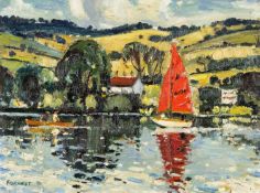 ‡ ED FORREST (1918-2002) oil on panel - entitled verso, 'The Red Sail', signed, 23 x 30cms