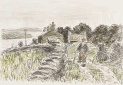 ‡ SIR KYFFIN WILLIAMS RA pencil and watercolour - Pen Llyn coastal landscape with farmstead, lane