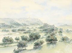 ‡ VALERIE GANZ (1936-2015) watercolour - Castell Dryslwyn with Paxton's tower in distance, signed,