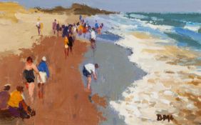 ‡ DONALD MCINTYRE (1923-2009) acrylic - entitled verso, 'Busy Beach', signed with initials, 16 x