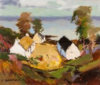 ‡ DONALD MCINTYRE (1923-2009) acrylic - entitled verso, 'Cottages Overlooking the Sea', fully