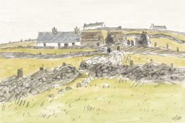 ‡ SIR KYFFIN WILLIAMS RA (1918-2006) watercolour and graphite - landscape with cottages and dry