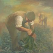 ‡ ANEURIN JONES (b. 1930) acrylic on panel - entitled verso 'Codi Maip/Pick up a Turnip', signed