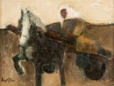 ‡ WILL ROBERTS (1907-2000) oil on board - figure riding a horse and cart, signed with initials, 29 x