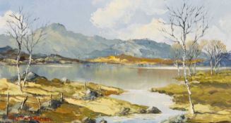 ‡ CHARLES WYATT WARREN (1908-1993) oil on board - Eryri landscape with a large lake and silver