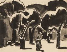 ‡ JOSEF HERMAN OBE RA (1911-2000) ink wash on paper - entitled verso, 'Figure in Orchard', 17 x