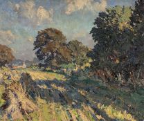 ‡ ED FORREST (1918-2002) oil on board - entitled verso, 'September Sunshine' on Wirral Society of