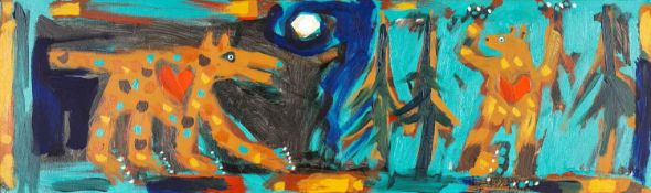‡ WILLIAM BROWN (b.1953) oil on canvas - two bears in moonlight, 30 x 100cms Provenance: private
