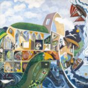 ‡ LAURIE WILLIAMS (1924-2007) oil on panel - abstract landscape with figures, boats, mermaids,