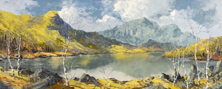 ‡ CHARLES WYATT WARREN (1908-1993) oil on board - Llyn Y Gader and Mynydd Mawr, signed, 36 x 89cms