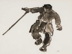 ‡ SIR KYFFIN WILLIAMS RA (1918-2006) ink wash - shepherding farmer in overcoat, signed with