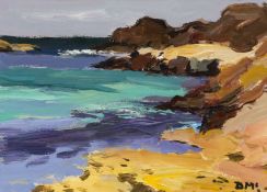 ‡ DONALD MCINTYRE (1923-2009) acrylic - entitled verso, 'Rocks and Sea, Iona' on Thackeray Gallery