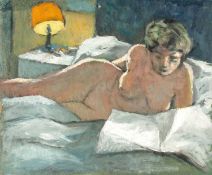‡ JOHN ELWYN (1916-1997) oil on panel - female reading in bed, 24 x 29cms Provenance: private