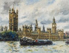 ‡ DAVID GRIFFITHS (b.1939) oil on canvas - London with Thames barge and Houses of Parliament, signed