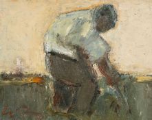 ‡ WILL ROBERTS (1907-2000) oil on board - entitled verso, 'Worker', signed with initials, signed and