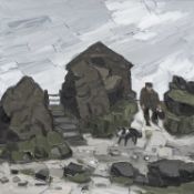 ‡ SIR KYFFIN WILLIAMS RA (1918-2006) oil on canvas - farmer holding bucket with sheepdog beside