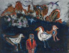 ‡ MIKE JONES (1941 - 2022) mixed media - entitled 'The Holy Six', signed, 72 x 84cms Provenance: