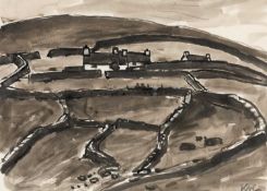 ‡ SIR KYFFIN WILLIAMS RA (1918-2006) ink & wash - upland landscape with cottages and meandering