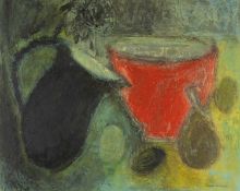 ‡ VIVIENNE WILLIAMS (b.1955) mixed media - entitled verso, 'Black Jug, Red Bowl' on Martin Tinney