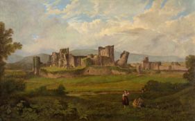 ‡ THOMAS WATERS (1814-1889) oil on canvas - Caerphilly Castle with children in the foreground,