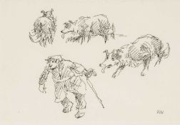 ‡ SIR KYFFIN WILLIAMS RA (1918-2006) ink drawing on paper - study of a farmer with sheepdogs, signed
