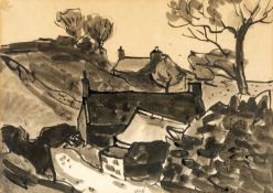 ‡ SIR KYFFIN WILLIAMS RA (1918-2006) inkwash - Anglesey cottages, signed with initials, fully signed
