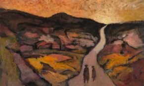 ‡ JOHN ELWYN (1916-1997) acrylic - 'The Long Road Home', studio stamp, 1980s, 30.5 x 50.5cms