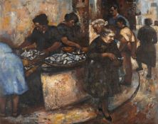 ‡ JOHN BOWEN (1914-2006) oil on board - entitled verso, 'Fishsellers at Tossa De Mar', signed, 53