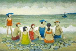‡ MURIEL DELAHAYE (1931-2021) oil on canvas - entitled verso, 'Family Day Out', signed, 50 x 75cms