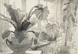 ‡ JOHN ELWYN (1916-1997) monochrome watercolour - entitled verso, 'Enclosed Balcony', signed,