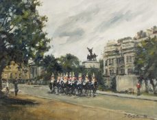 ‡ DAVID GRIFFITHS (b.1939) oil on canvas - London scene with Horse Guard's Parade, signed and