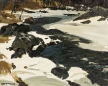 ‡ DONALD MCINTYRE (1923-2009) oil on board - entitled verso, 'Winter, River Ogwen', signed, 39 x