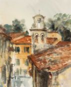 ‡ VALERIE GANZ (1936-2015) mixed media - entitled verso, 'North Italian Church and Square' from