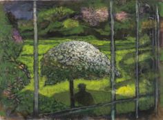 ‡ JOHN ELWYN (1916-1997) acrylic - 'The Artist in his Garden', 1980s, 56 x 76cms Provenance: