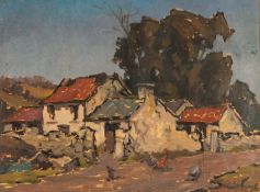 ‡ WILL EVANS (1888-1957) watercolour - farmstead with poultry feeding, signed, 36 x 48cms
