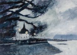 ‡ ALASTAIR ELKES-JONES (1942-2024) oil on card - entitled verso, 'Norwegian Church, Cardiff Bay