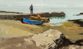 ‡ DONALD MCINTYRE (1923-2009) acrylic - entitled verso, 'Two Men, Two Boats', signed with