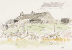 ‡ SIR KYFFIN WILLIAMS RA (1918-2006) watercolour and pencil - farmstead with dry stone walls, signed