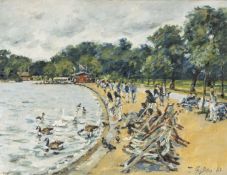 ‡ DAVID GRIFFITHS (b.1939) oil on canvas - park scene with swans on boating lake, and with figures