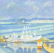 ‡ LEWIS ALLAN (b.1925) oil on board - entitled verso, 'Dusk, Barry Docks', signed and dated verso '