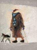 ‡ ALASTAIR ELKES-JONES (1942-2024) oil on canvas - entitled verso, 'Figure with Dog 1' on Fountain