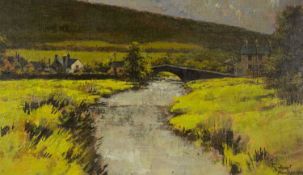 ‡ HYWEL HARRIES (1921-1990) oil on board - Welsh village scene with river and arched stone bridge,