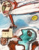 ‡ IWAN BALA (b.1956) oil on board - entitled verso, 'Hedfan Dros Yr Eglwys / Flying Over the