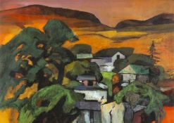 ‡ JOHN ELWYN (1916-1997) acrylic on paper - entitled verso, 'Welsh Landscape' on Ash Barn Gallery