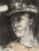‡ VALERIE GANZ (1936-2015) mixed media - head and shoulders portrait of a miner with illuminated