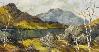 ‡ CHARLES WYATT WARREN (1908-1993) oil on board - Eryri landscape with lake and silver birch in