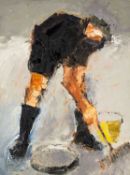 ‡ ALASTAIR ELKES-JONES (1942-2024) oil on canvas - entitled verso, 'Figure with Rake' on Fountain