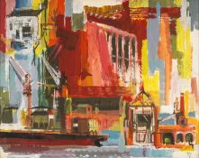 ‡ RAY HOWARD-JONES (1903-1996) gouache - entitled verso, 'Dock Scene', signed, circa 1960s, 42 x