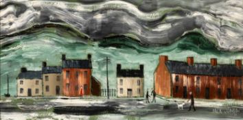 ‡ JACK JONES (1922-1993) oil on board - entitled verso, 'Terrace, Man and Dog' on Attic Gallery